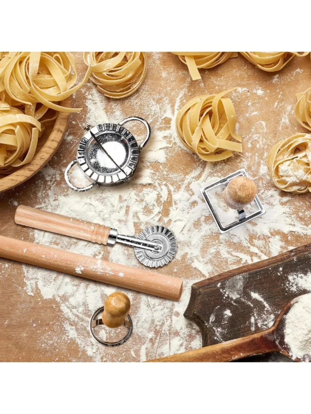 8-Piece Ravioli Maker Set with Roller Wheel & Wooden Handle - Pasta Making Kit